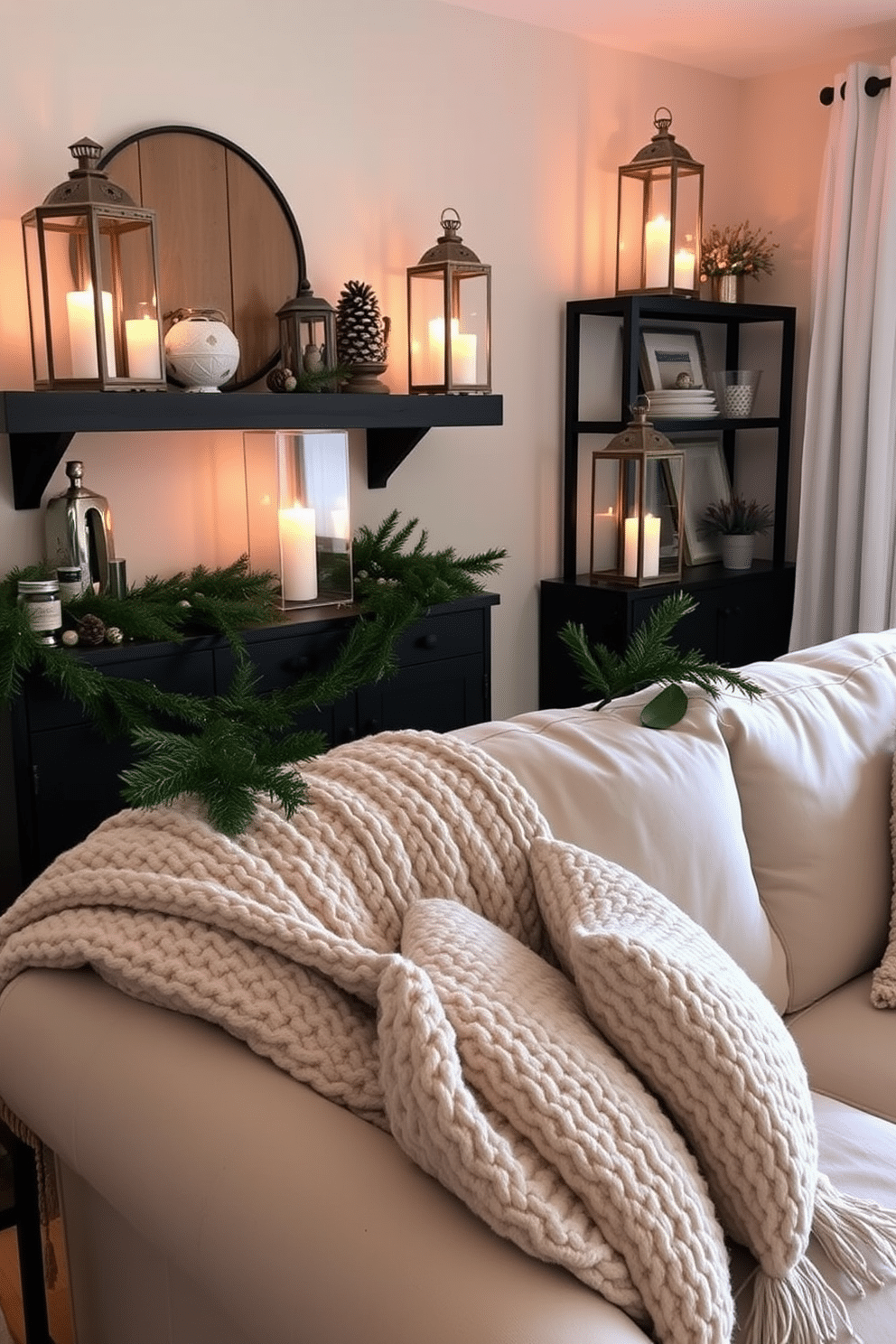 A cozy living room adorned with decorative lanterns that emit a warm, inviting glow. The lanterns are strategically placed on shelves and side tables, enhancing the winter decor with soft, flickering light. The room features a plush, oversized sofa draped with a chunky knit throw in neutral tones. Seasonal accents like pinecones and evergreen branches are arranged around the lanterns, creating a festive yet elegant atmosphere.