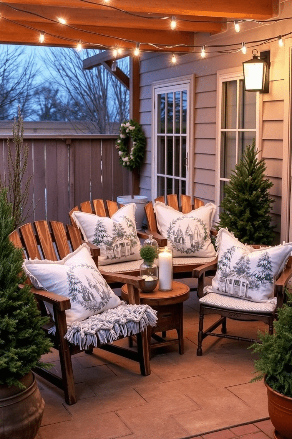 Cozy winter-themed cushions adorn the patio furniture, featuring soft textures and a palette of icy blues and warm whites. The cushions are paired with rustic wooden chairs and a small table, creating an inviting outdoor retreat for chilly evenings. The patio is adorned with twinkling string lights overhead, casting a warm glow across the space. Potted evergreen plants flank the seating area, adding a touch of nature and enhancing the winter ambiance.