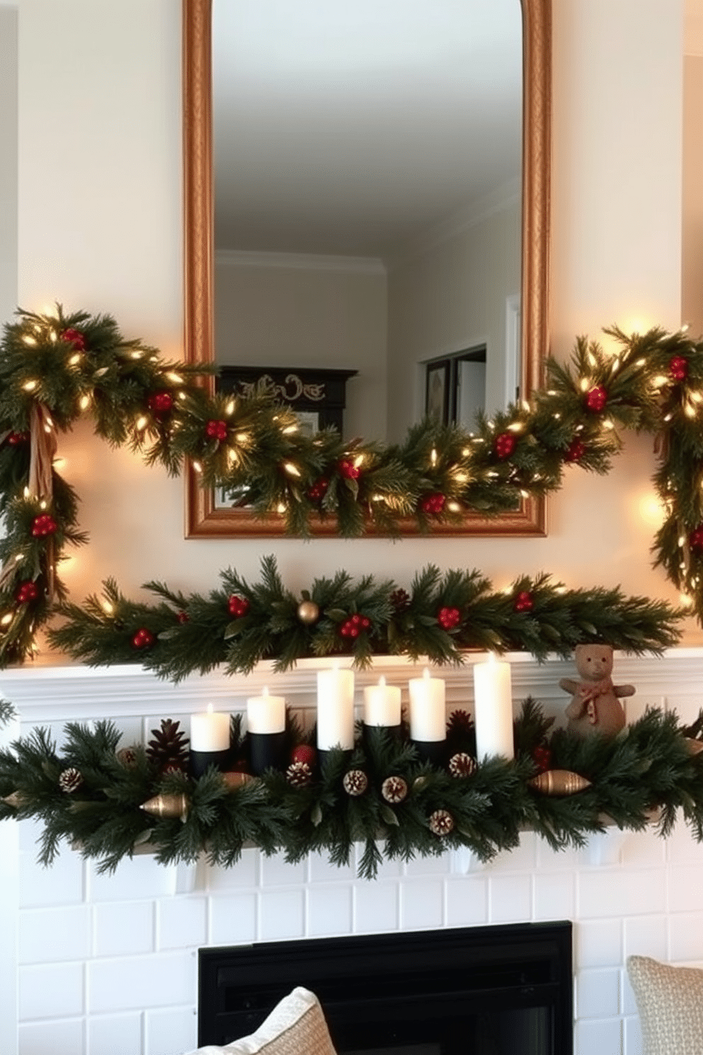 A cozy living room adorned with seasonal garlands draped elegantly over the mantel. The garlands feature a mix of pine branches, holly berries, and twinkling fairy lights, creating a warm and inviting atmosphere. The mantel is decorated with a collection of rustic candles in varying heights, surrounded by small pinecones and festive ornaments. Above the mantel, a large mirror reflects the soft glow of the lights, enhancing the winter charm of the space.