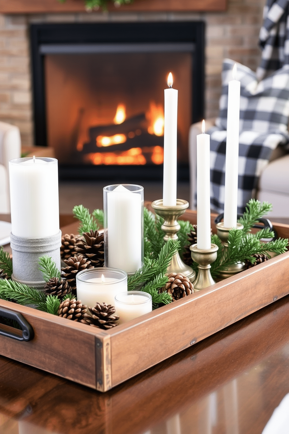 Create a cozy winter decor scene featuring rustic wooden trays used for organizing various seasonal decorations. The trays should be filled with pinecones, candles, and small evergreen branches, set against a backdrop of a warm, inviting living room with a crackling fireplace.