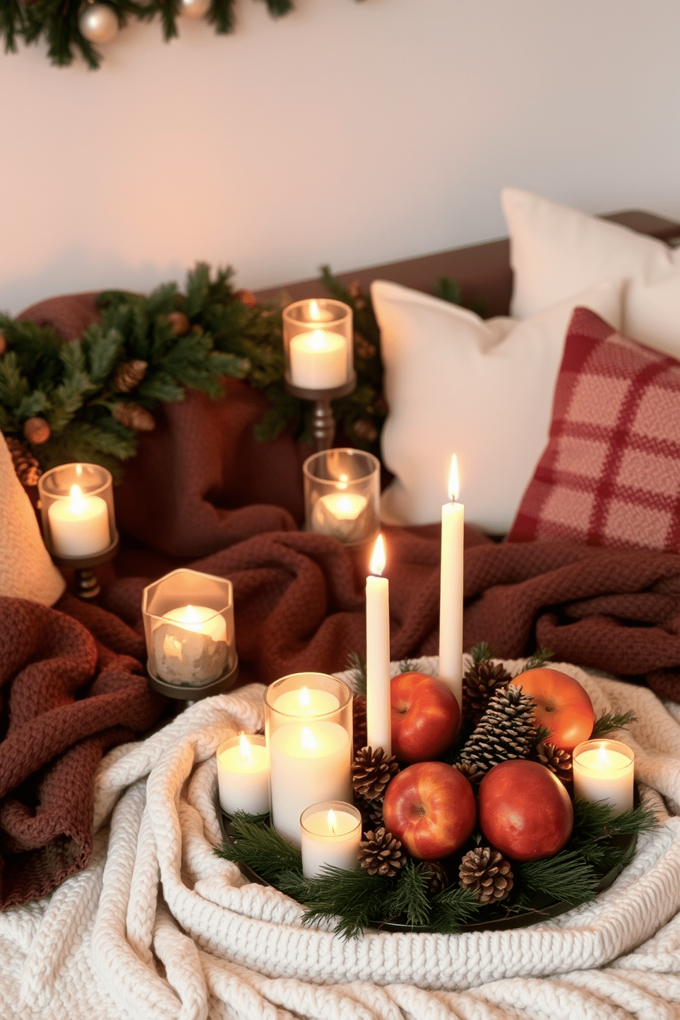 Warm candlelight flickers softly in decorative holders, casting a cozy glow throughout the room. Surrounding the candlelight are winter-themed decorations, including evergreen garlands and pinecones, creating a festive atmosphere. The rich textures of plush blankets and soft pillows invite warmth and comfort. A beautifully arranged centerpiece featuring seasonal fruits and candles enhances the inviting ambiance.