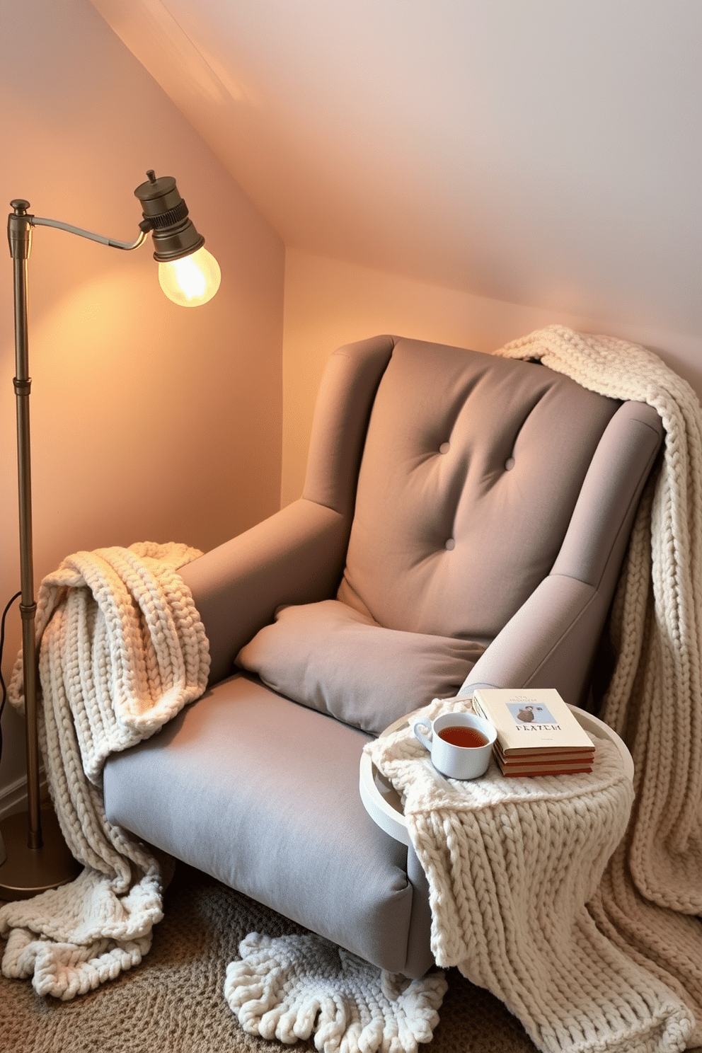 A cozy reading nook featuring a plush armchair upholstered in soft gray fabric. Surrounding the chair are warm, knitted blankets in various shades of cream and beige, inviting relaxation. A small side table holds a stack of books and a steaming cup of tea. The nook is softly illuminated by a vintage floor lamp with a warm yellow glow, creating an inviting atmosphere.