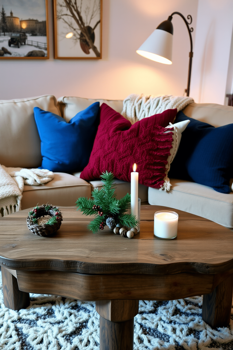 A cozy living room setting adorned with soft throw pillows in winter colors such as deep blue, rich burgundy, and warm cream. The pillows are arranged on a plush beige sofa, complemented by a chunky knit blanket draped over the armrest. A rustic wooden coffee table sits in front of the sofa, topped with a few seasonal candles and a small evergreen centerpiece. The room is softly illuminated by a warm glow from a nearby floor lamp, creating an inviting atmosphere perfect for winter gatherings.