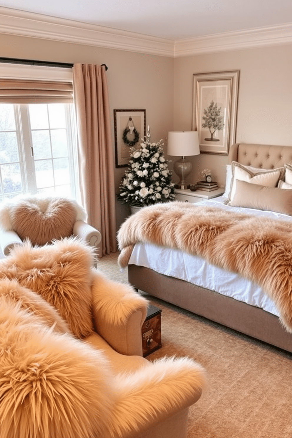 A cozy living room adorned with faux fur accents on plush chairs and a luxurious bed. The space is enhanced by soft throw pillows and a warm, inviting color palette, creating a perfect winter retreat. A beautifully styled bedroom featuring a bed dressed in a soft faux fur throw and matching pillows. The room is complemented by a faux fur accent chair positioned near a window, inviting relaxation during the chilly winter months.