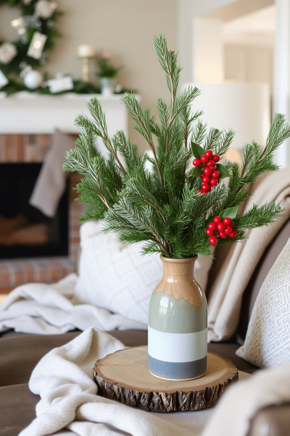 A cozy living room adorned with natural greenery in rustic vases. The vases are made of reclaimed wood and ceramic, adding a touch of warmth to the space. Pine branches and holly berries fill the vases, bringing a festive charm to the room. Soft, neutral textiles drape over the furniture, enhancing the inviting winter atmosphere.