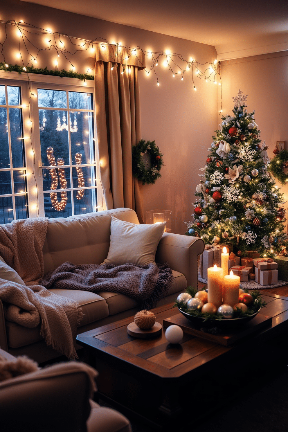 Create a cozy living room adorned with string lights that cast a warm, magical glow across the space. The room features a plush sofa draped with soft blankets, and a beautifully decorated Christmas tree stands in the corner, surrounded by wrapped presents. Incorporate winter-themed decorations such as frosted pinecones and evergreen garlands along the mantle. A festive coffee table displays seasonal candles and a bowl of ornaments, enhancing the inviting atmosphere of the room.