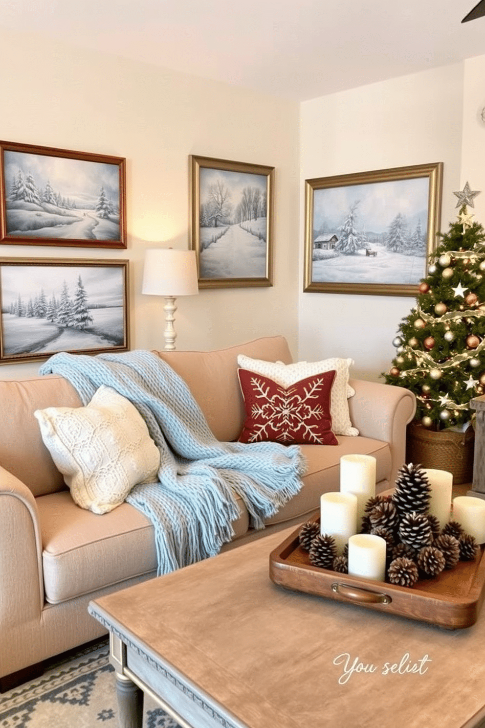 A cozy living room adorned with seasonal artwork featuring winter themes. The walls are decorated with framed paintings of snowy landscapes and festive holiday scenes. A plush sofa is draped with a soft knit blanket in icy blue. A coffee table is topped with a centerpiece of pinecones and candles, creating a warm and inviting atmosphere.