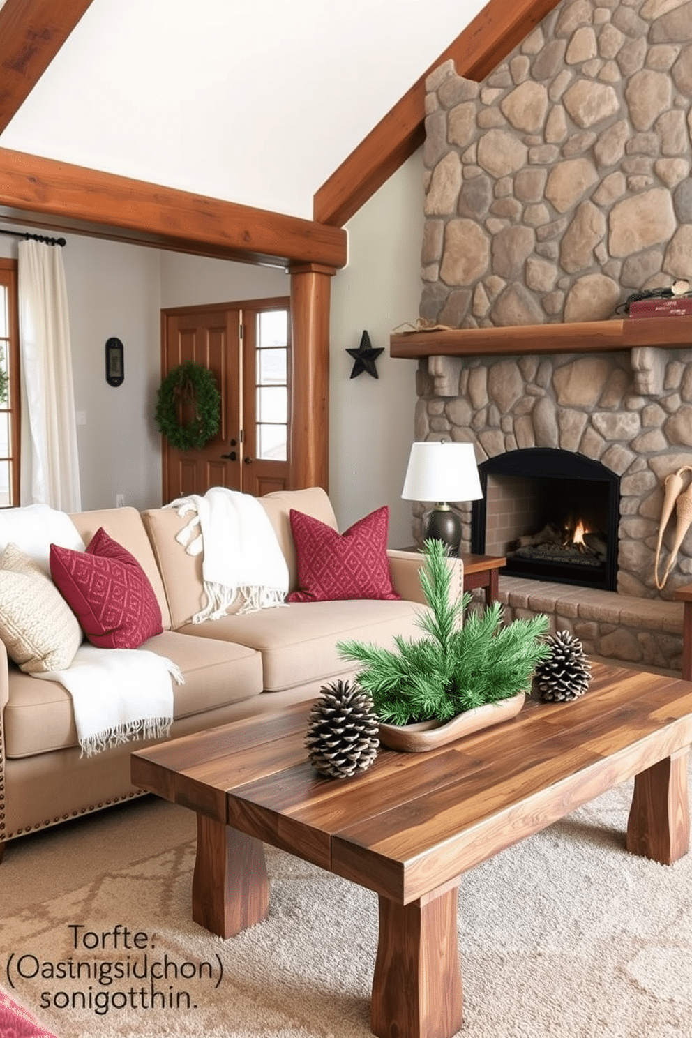 A cozy living room adorned with wooden accents creates a rustic charm. The space features a reclaimed wood coffee table paired with a plush beige sofa and a large stone fireplace. To enhance the winter atmosphere, soft white throw blankets and decorative pillows in shades of deep red are added. Pinecone and evergreen centerpieces rest on the coffee table, bringing a touch of nature indoors.