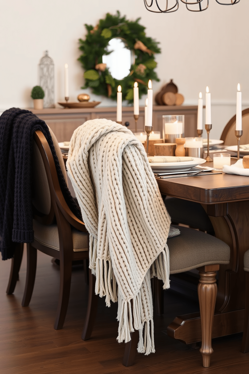 Cozy knit throws drape gracefully over elegant dining chairs, adding warmth and texture to the space. The table is set with rustic wooden accents and soft candlelight, creating an inviting atmosphere for winter gatherings.