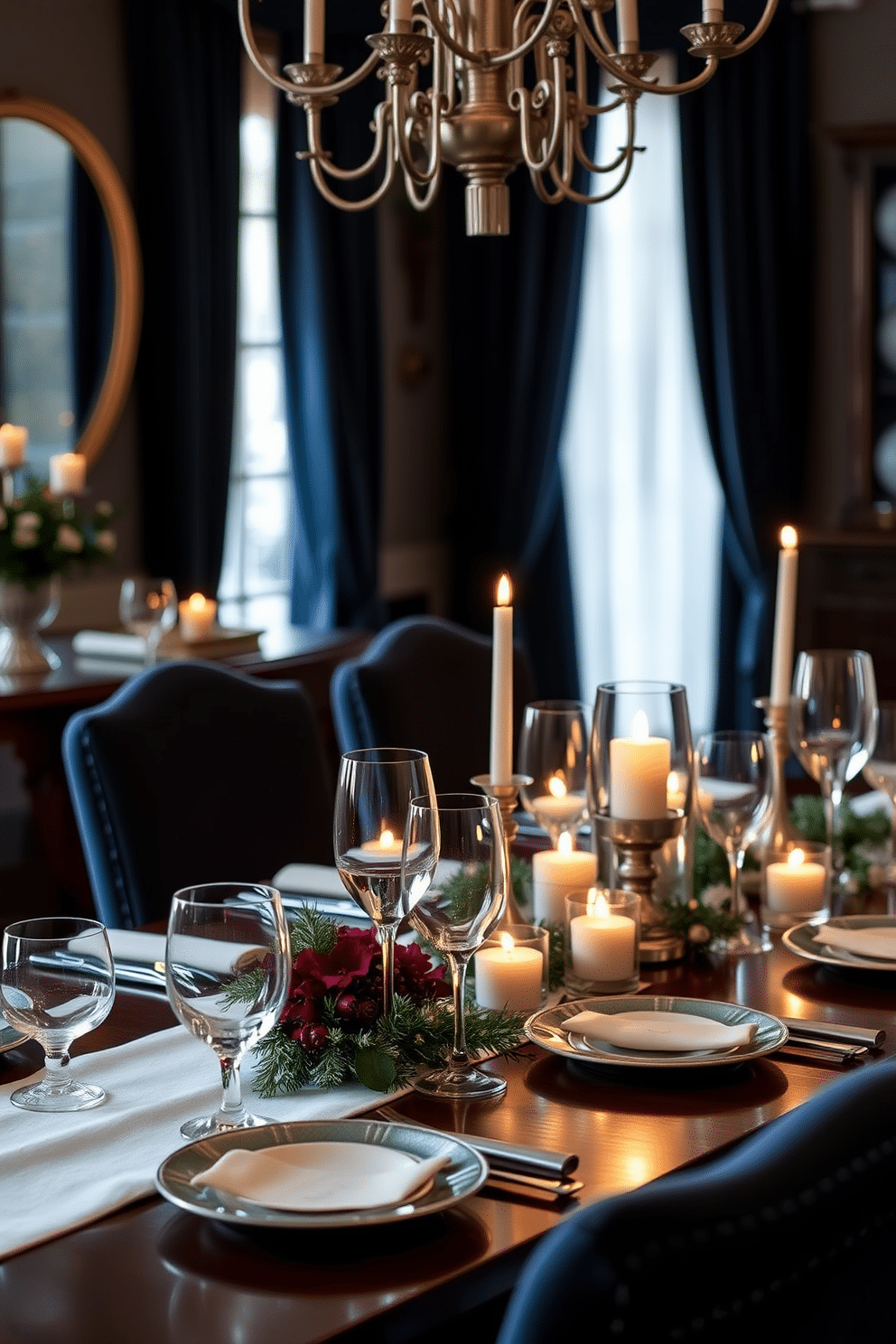 Elegant glassware for winter gatherings. The table is set with crystal wine glasses and delicate champagne flutes, reflecting the warm glow of candlelight. Winter Dining Room Decorating Ideas. The dining room features a rich mahogany table adorned with a soft white tablecloth, surrounded by plush upholstered chairs in deep navy blue.