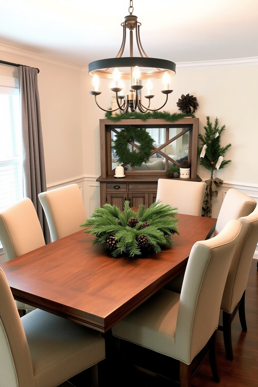 A cozy winter dining room setting with a rustic wooden table adorned with pinecone accents. The table is surrounded by upholstered chairs in a warm neutral tone, creating an inviting atmosphere for gatherings. Soft, ambient lighting from a chandelier above enhances the winter theme, while a centerpiece of evergreen branches and pinecones adds a touch of nature. The walls are painted in a soft cream color, complemented by seasonal decorations that evoke a sense of warmth and comfort.