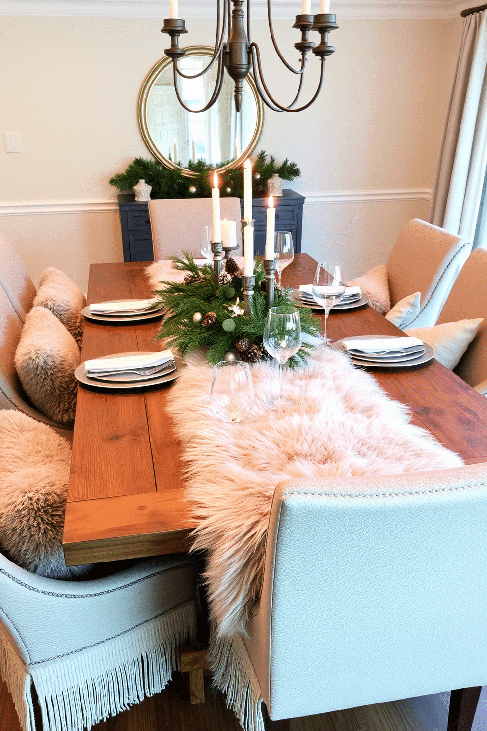 A cozy winter dining room features a large wooden table dressed with a soft faux fur table runner. Surrounding the table are plush upholstered chairs, each adorned with warm, textured throw pillows for added comfort. On the table, elegant dinnerware is complemented by sparkling glassware and flickering candles in decorative holders. A centerpiece of seasonal greenery and pinecones adds a touch of nature, enhancing the inviting atmosphere of the space.