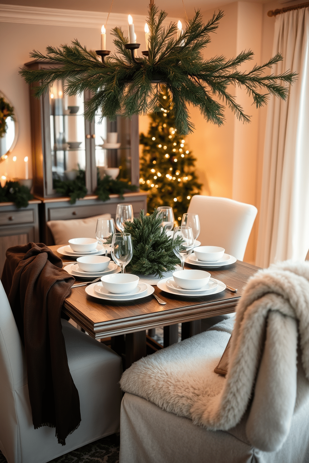 A cozy winter dining room adorned with fresh evergreen branches as decor. The table is set with elegant white dinnerware, and a centerpiece of lush evergreen sprigs adds a touch of nature. Soft, warm lighting casts a glow over the space, enhancing the inviting atmosphere. Plush chairs are wrapped in soft throws, inviting guests to linger and enjoy the festive setting.