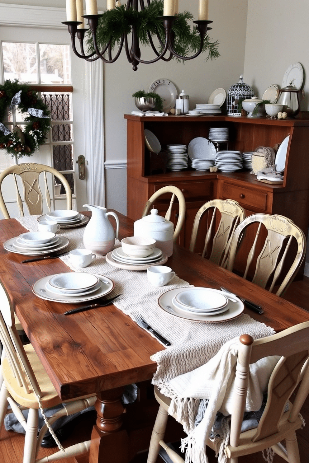 A charming winter dining room features a rustic wooden table set with an array of vintage dishes in soft pastel colors. The table is adorned with a cozy, textured table runner, and mismatched chairs surround it, adding to the inviting atmosphere.