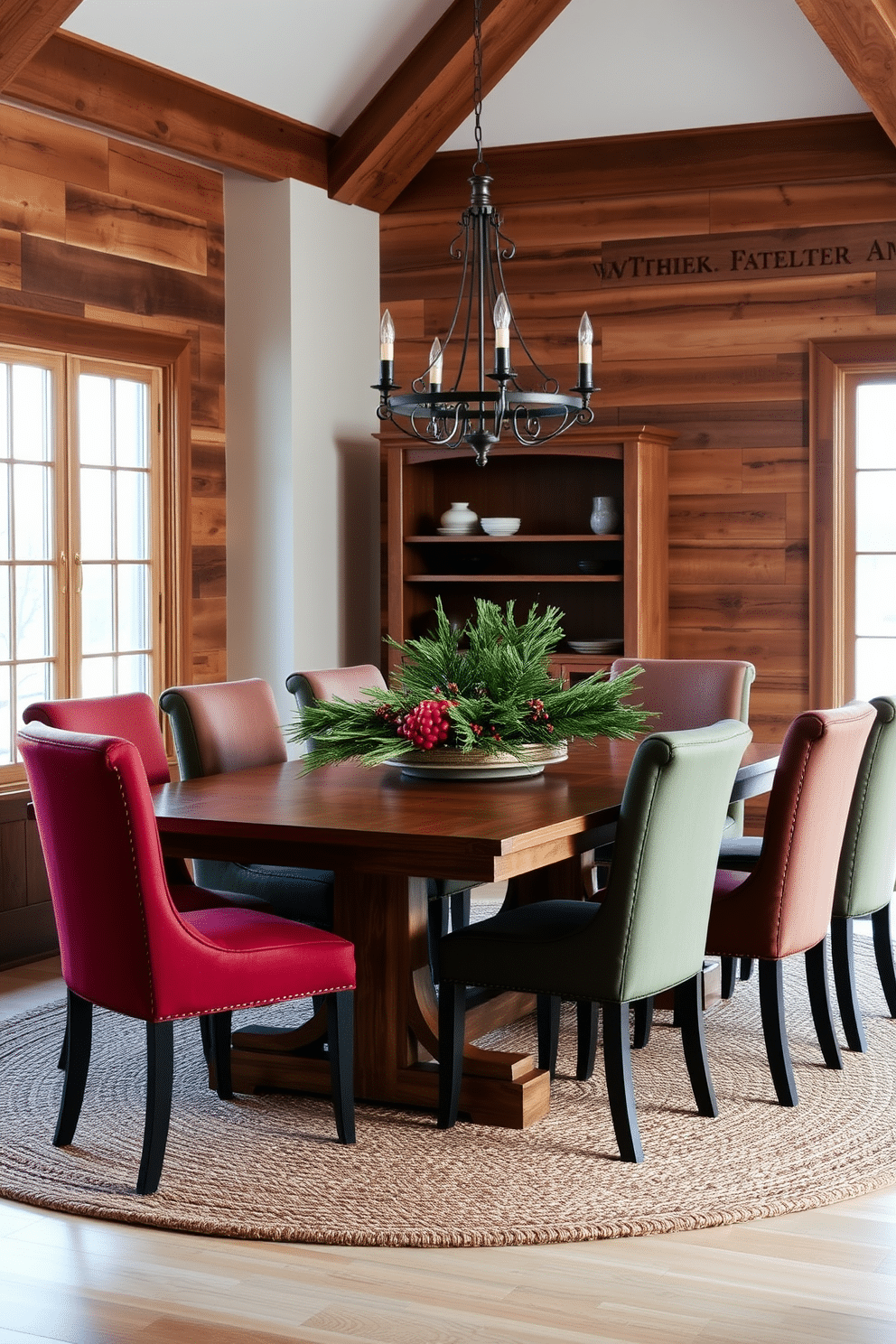 A cozy winter dining room featuring a large wooden table surrounded by upholstered chairs in warm shades of red and green. The walls are adorned with rustic wooden panels, and a festive centerpiece of pine branches and red berries sits atop the table. Soft lighting from a chandelier casts a warm glow over the space, enhancing the inviting atmosphere. A woven rug in earthy tones lies beneath the table, adding texture and warmth to the room.