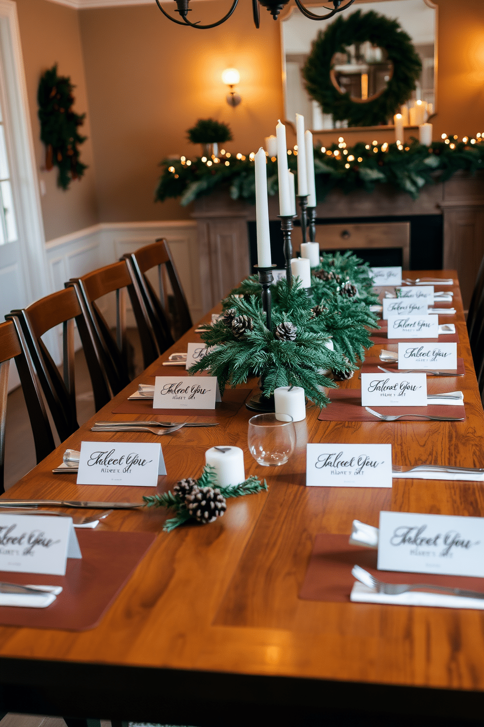 A winter dining room setting with a long wooden table elegantly set for a festive meal. Each place setting features personalized place cards for guests, beautifully designed with calligraphy and surrounded by seasonal decor. The table is adorned with a lush evergreen centerpiece, accented with pine cones and white candles. Soft, warm lighting creates an inviting atmosphere, enhancing the cozy winter vibes of the room.