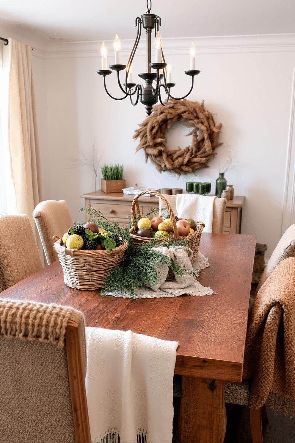 A cozy winter dining room featuring layered textures throughout the space. The table is set with a rustic wooden surface adorned with woven baskets filled with seasonal fruits and greenery. Soft, warm textiles drape over the chairs, inviting guests to sit and enjoy. Ambient lighting from a chandelier casts a gentle glow, enhancing the inviting atmosphere of the room.