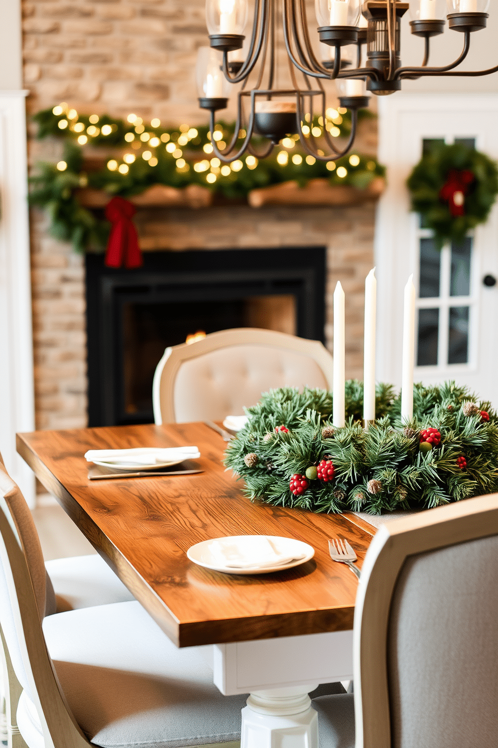 A beautifully set dining table adorned with seasonal wreaths creates a warm and inviting atmosphere. The table is surrounded by elegant chairs, and soft, ambient lighting enhances the cozy winter vibe. On the table, a lush green wreath with hints of red berries and pinecones complements the rustic wooden surface. The backdrop features a softly lit fireplace, adding a touch of warmth to the winter dining room decor.