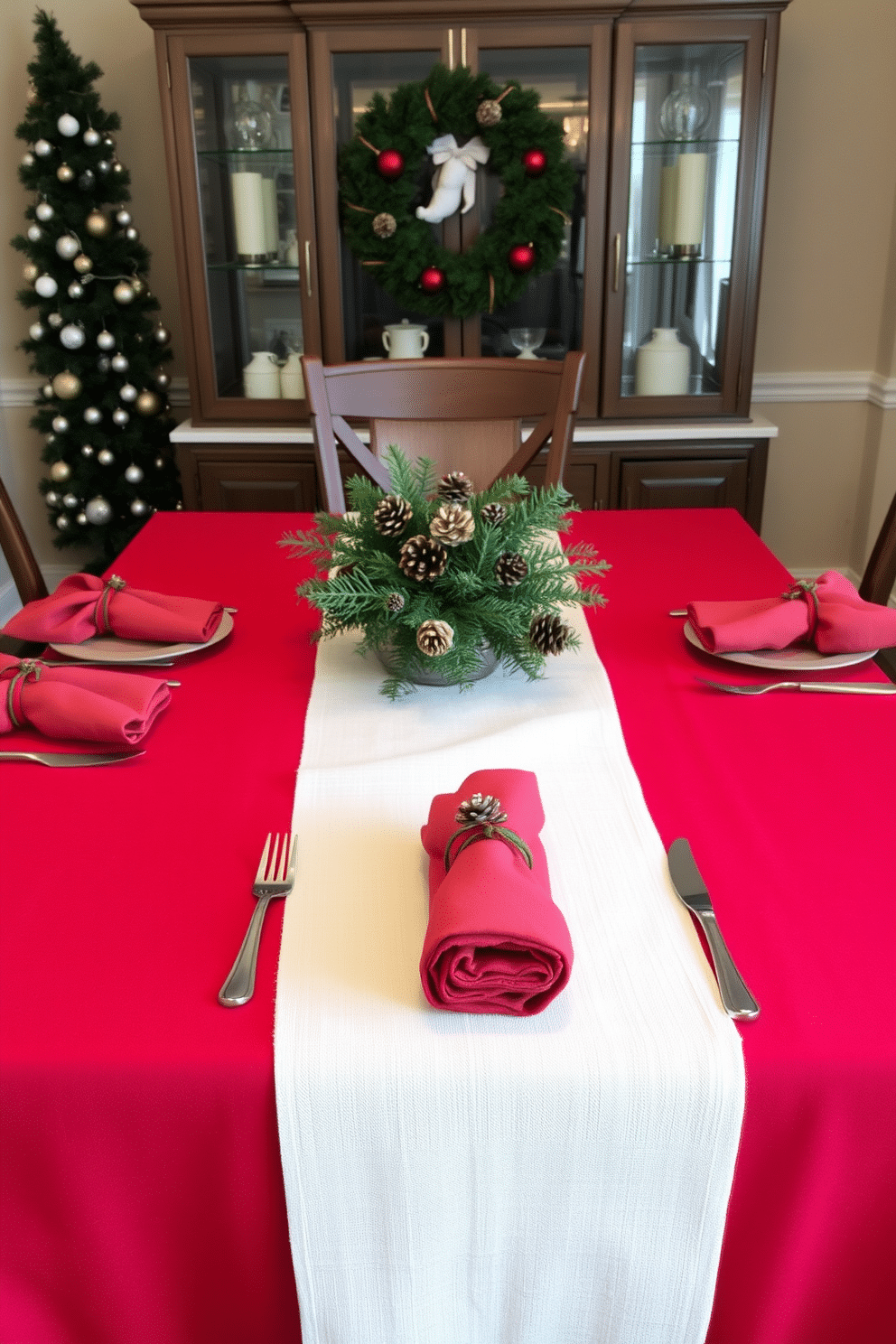 Layered table linens create a warm and inviting atmosphere in a winter dining room. A rich, deep red tablecloth serves as the base, topped with a lighter cream runner that adds texture and contrast. Soft, plush napkins in coordinating colors are neatly folded at each place setting, enhancing the cozy feel. Centerpieces of evergreen branches and pinecones are arranged on the table, bringing a touch of nature indoors.