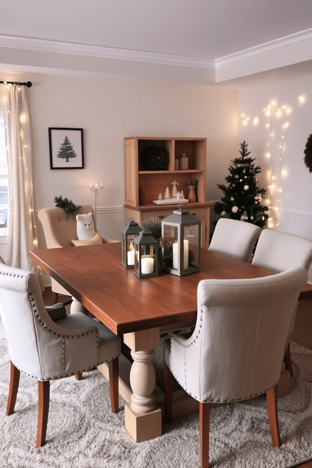 A winter dining room features a rustic wooden table surrounded by upholstered chairs in soft neutral tones. Decorative lanterns are placed at the center of the table, casting a warm and inviting glow throughout the space. The walls are adorned with subtle winter-themed artwork, and a cozy area rug adds texture underfoot. Soft white string lights are draped along the windows, enhancing the atmosphere of comfort and warmth.