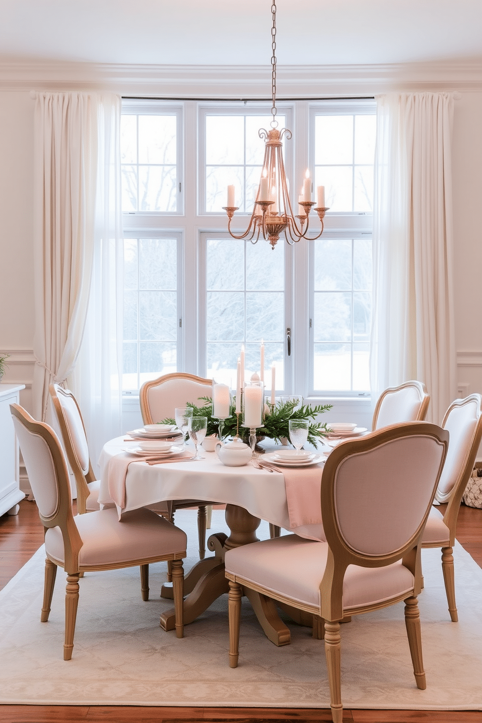 A cozy winter dining room featuring soft pastel colors that create a light and airy atmosphere. The table is set with delicate china and pastel-colored linens, surrounded by upholstered chairs in light hues. A large window allows natural light to flood the space, adorned with sheer curtains that gently sway. A centerpiece of seasonal greenery and soft candles adds warmth and charm to the setting.