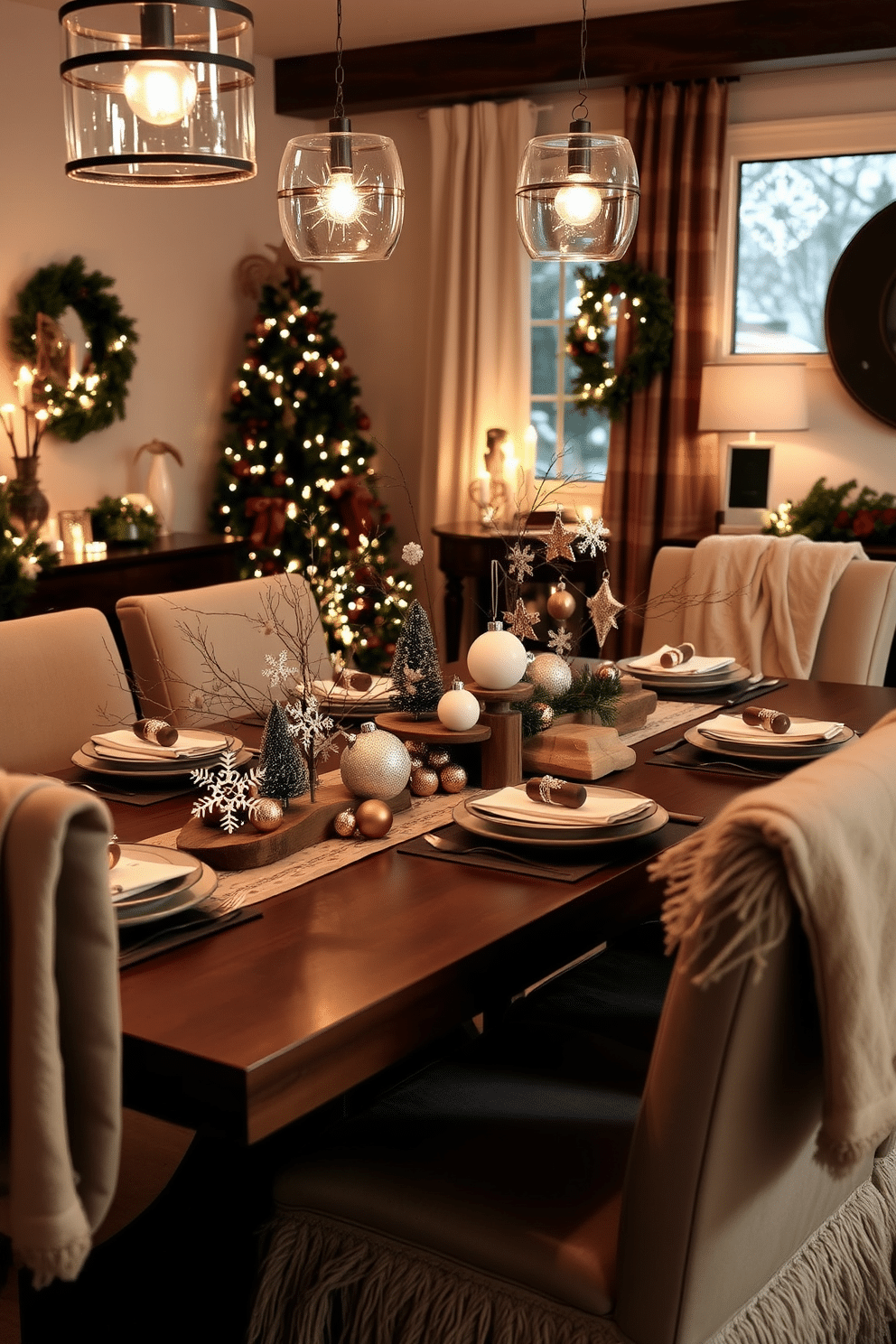 A cozy winter dining room adorned with handmade ornaments as table decor. The table is set with a rustic wooden centerpiece featuring various handcrafted ornaments, including delicate snowflakes and warm-toned baubles. Soft, ambient lighting casts a warm glow over the space, enhancing the inviting atmosphere. Surrounding the table are plush upholstered chairs, draped with soft throws for added comfort during the chilly season.