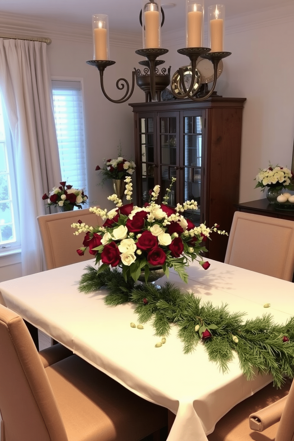 A cozy winter dining room adorned with elegant floral arrangements featuring winter blooms. The table is set with a crisp white tablecloth and surrounded by upholstered chairs, while a stunning centerpiece of deep red and white flowers adds a festive touch. Soft, warm lighting illuminates the space, enhancing the inviting atmosphere. A garland of evergreen branches runs along the table, complementing the seasonal decor and creating a harmonious winter setting.