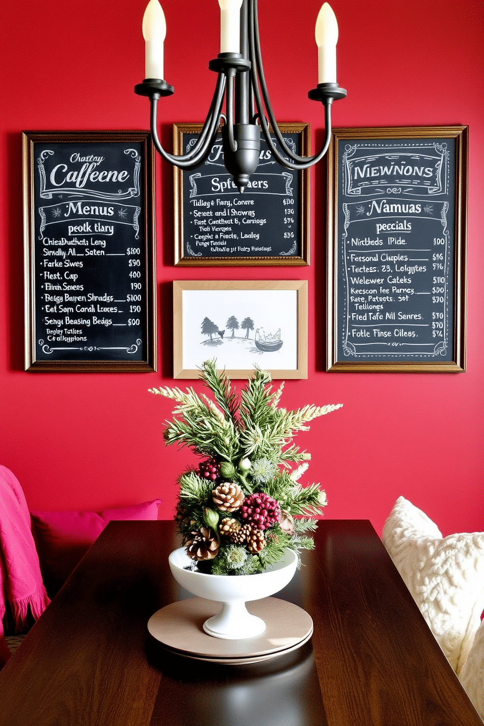 Chalkboard menus add a personal touch to your dining space. They can be creatively framed and placed on the wall to display daily specials or seasonal dishes. For winter dining room decorating ideas, incorporate warm textiles like plush throws and soft cushions. Use a color palette of deep reds and rich greens to create a cozy and inviting atmosphere.