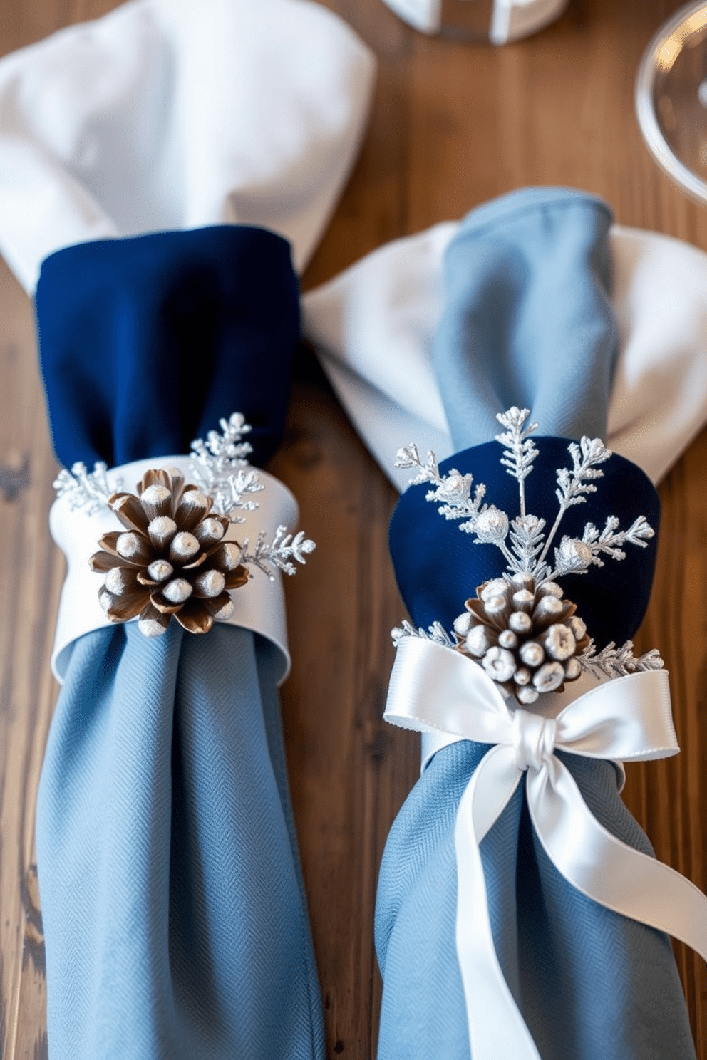 Create a set of winter-themed napkin rings designed to evoke elegance and sophistication. Incorporate elements such as frosted pinecones, delicate silver accents, and soft white ribbons for a luxurious touch. Design a winter dining room that captures the essence of the season. Use a color palette of deep blues and whites, complemented by rustic wooden furniture and warm, ambient lighting to create a cozy atmosphere.