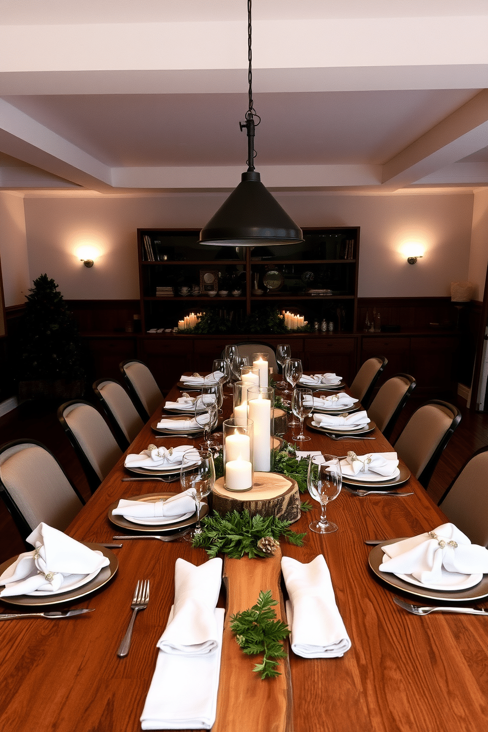 A winter dining room setting featuring a large wooden table as the focal point. Natural wood centerpieces adorned with lush greenery create a warm and inviting atmosphere. The table is set with elegant dinnerware and soft linen napkins, enhancing the cozy ambiance. Soft, ambient lighting from overhead fixtures casts a gentle glow, perfect for intimate gatherings.