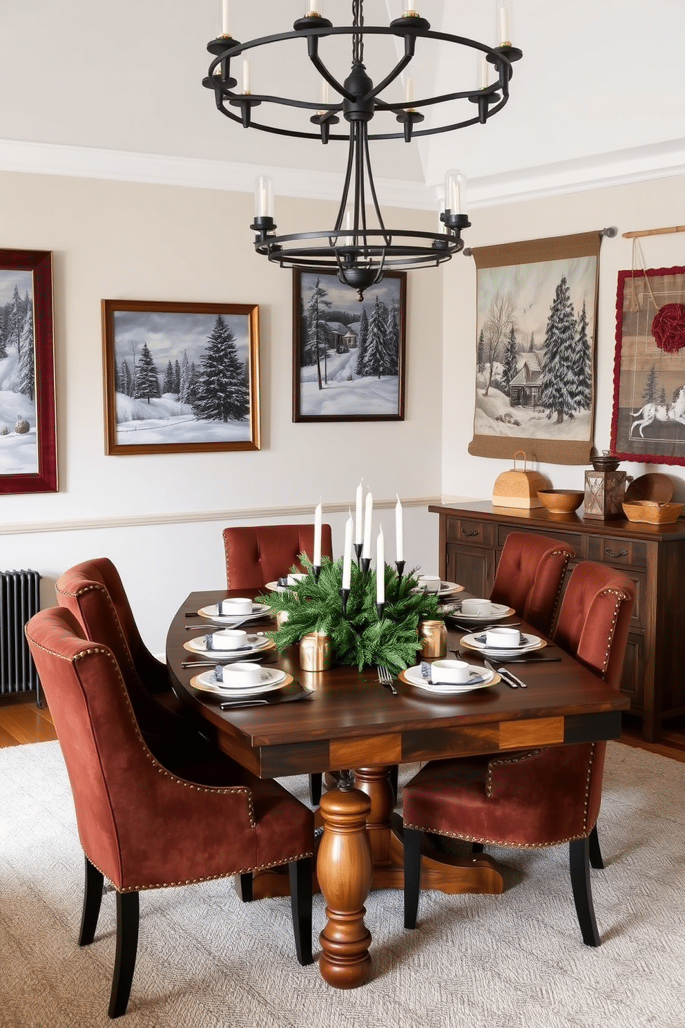 A cozy winter dining room featuring a large wooden table set for a festive meal. The walls are adorned with artful wall hangings that showcase winter landscapes and seasonal motifs, adding visual interest to the space. Surrounding the table are upholstered chairs in rich, warm tones, inviting guests to sit and enjoy. A centerpiece of pine branches and candles enhances the seasonal ambiance, while soft lighting creates a welcoming atmosphere.