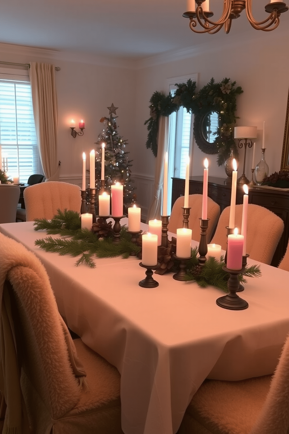 Candles of varying heights create a warm and inviting atmosphere in the winter dining room. The table is elegantly set with a white tablecloth, and the flickering candlelight enhances the seasonal decor. Surrounding the table, there are plush chairs draped with soft throws for added comfort. Evergreen garlands and seasonal centerpieces complement the candles, bringing a touch of nature indoors.