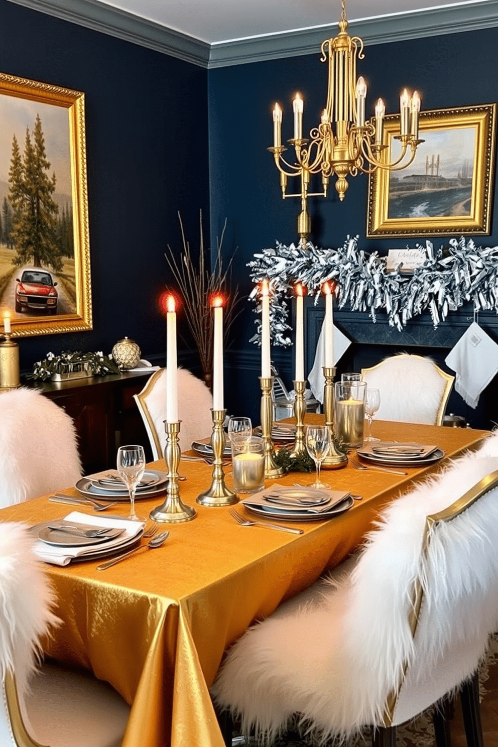 A winter dining room adorned with metallic accents creates an elegant and festive atmosphere. The table is set with a shimmering gold tablecloth and sparkling silver dinnerware, complemented by tall candle holders that reflect the warm glow of candlelight. On the walls, rich navy blue paint contrasts beautifully with the metallic decor elements, such as gold-framed artwork and silver garlands draped across the mantel. Plush white faux fur throws are draped over the chairs, inviting guests to gather and enjoy the cozy, festive setting.