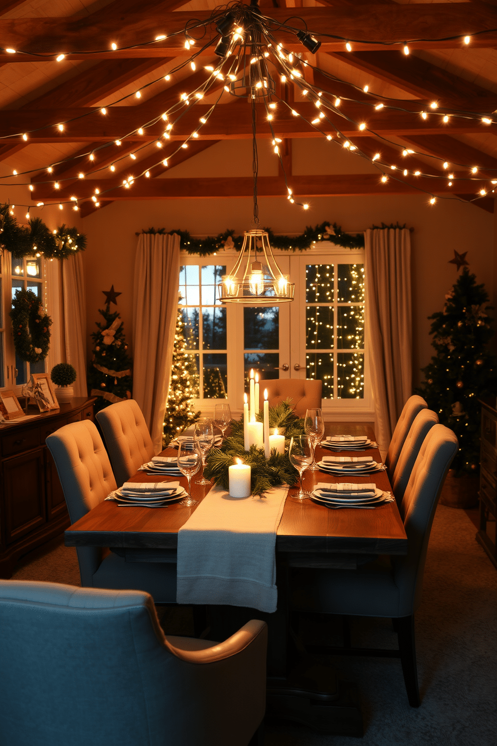 A cozy winter dining room illuminated by warm lighting. The space features a large wooden table set for a festive meal, surrounded by upholstered chairs and adorned with seasonal decorations. String lights are draped elegantly across the ceiling, creating a soft, inviting glow. A centerpiece of evergreen branches and candles adds a touch of nature and warmth to the table setting.