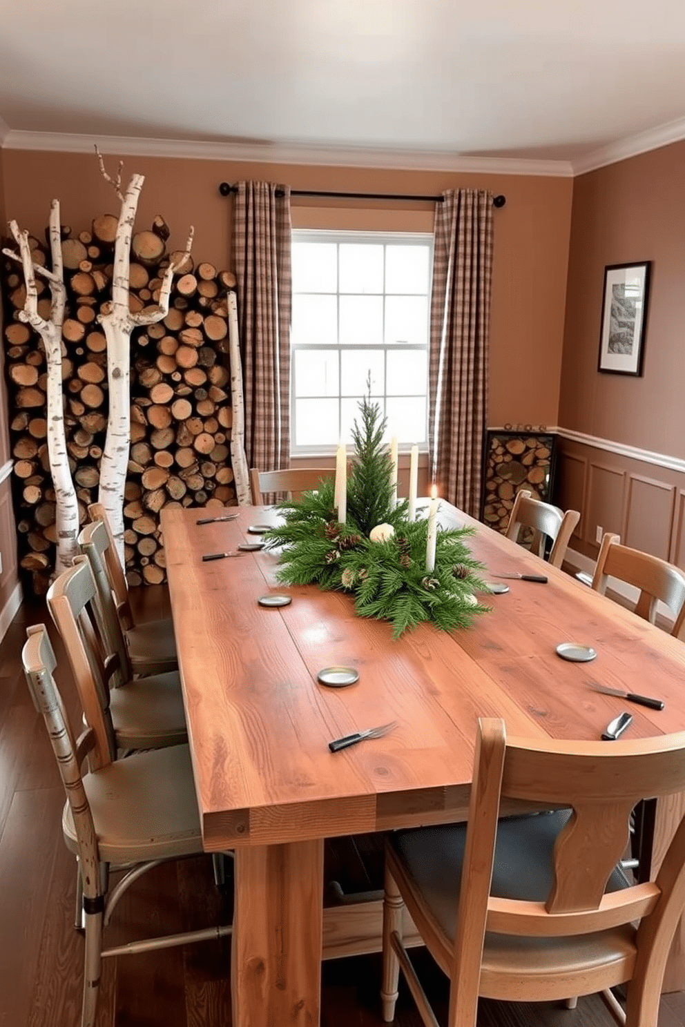 A rustic dining room features a large wooden table made from reclaimed wood surrounded by mismatched chairs for a cozy feel. Birch logs are stacked decoratively in the corner, adding a natural touch and warmth to the winter theme. The walls are adorned with soft, warm colors, and a large window allows natural light to flood the space. A centerpiece of evergreen branches and pinecones sits atop the table, complemented by flickering candles for an inviting atmosphere.