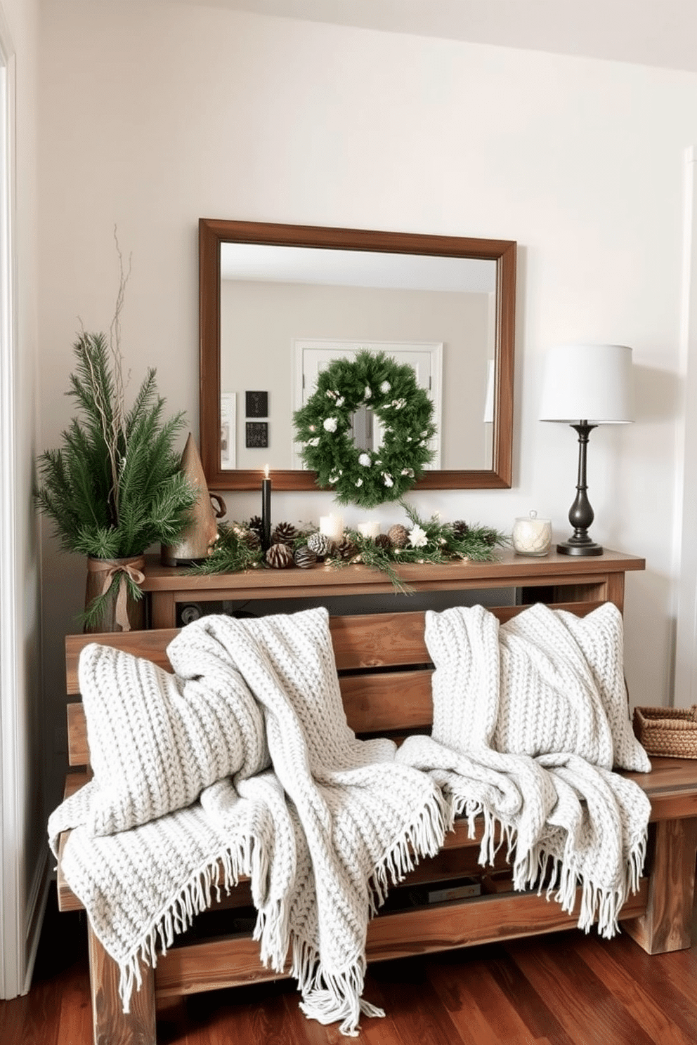 Cozy knit blankets are casually draped over rustic wooden benches, inviting warmth and comfort into the space. Soft, neutral tones dominate the decor, complemented by seasonal greenery and subtle holiday accents. The entryway features a beautiful arrangement of winter-themed decorations, including pinecones and twinkling fairy lights. A large mirror hangs above a console table, reflecting the cozy atmosphere and enhancing the welcoming feel of the space.