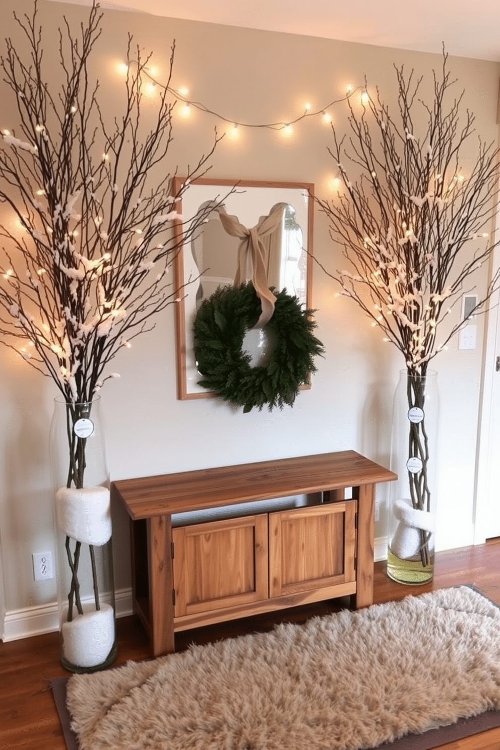 A cozy winter entryway adorned with tall vases filled with snowy branches creates a warm and inviting atmosphere. The vases are positioned on either side of a rustic wooden console table, enhancing the vertical space and adding a touch of nature to the decor. Soft white lights are strung along the branches, casting a gentle glow throughout the entryway. A plush area rug in neutral tones lies beneath the console table, providing comfort and a stylish contrast to the cold winter elements.