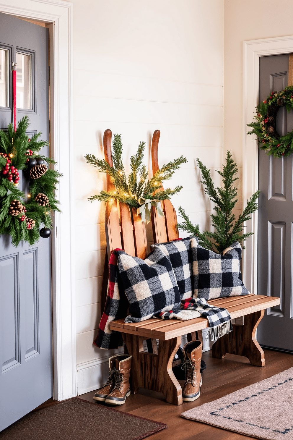 A cozy winter entryway featuring vintage sleds as unique decor pieces. The sleds are propped against the wall, adorned with evergreen branches and twinkling fairy lights. A rustic wooden bench sits nearby, topped with warm plaid blankets and a pair of snow boots. The walls are painted in a soft cream color, complemented by a wreath made of pinecones and berries hanging on the door.