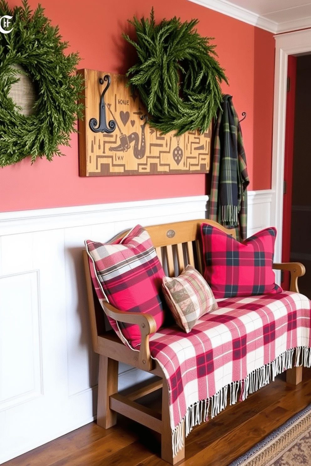 A cozy winter entryway featuring plaid patterns on cushions and throws. The space is adorned with a warm color palette, showcasing a mix of deep reds and soft greens to create an inviting atmosphere. A rustic wooden bench sits against the wall, covered with a plaid throw. Flanking the bench are stylish coat hooks made of wrought iron, perfect for hanging winter jackets and accessories.