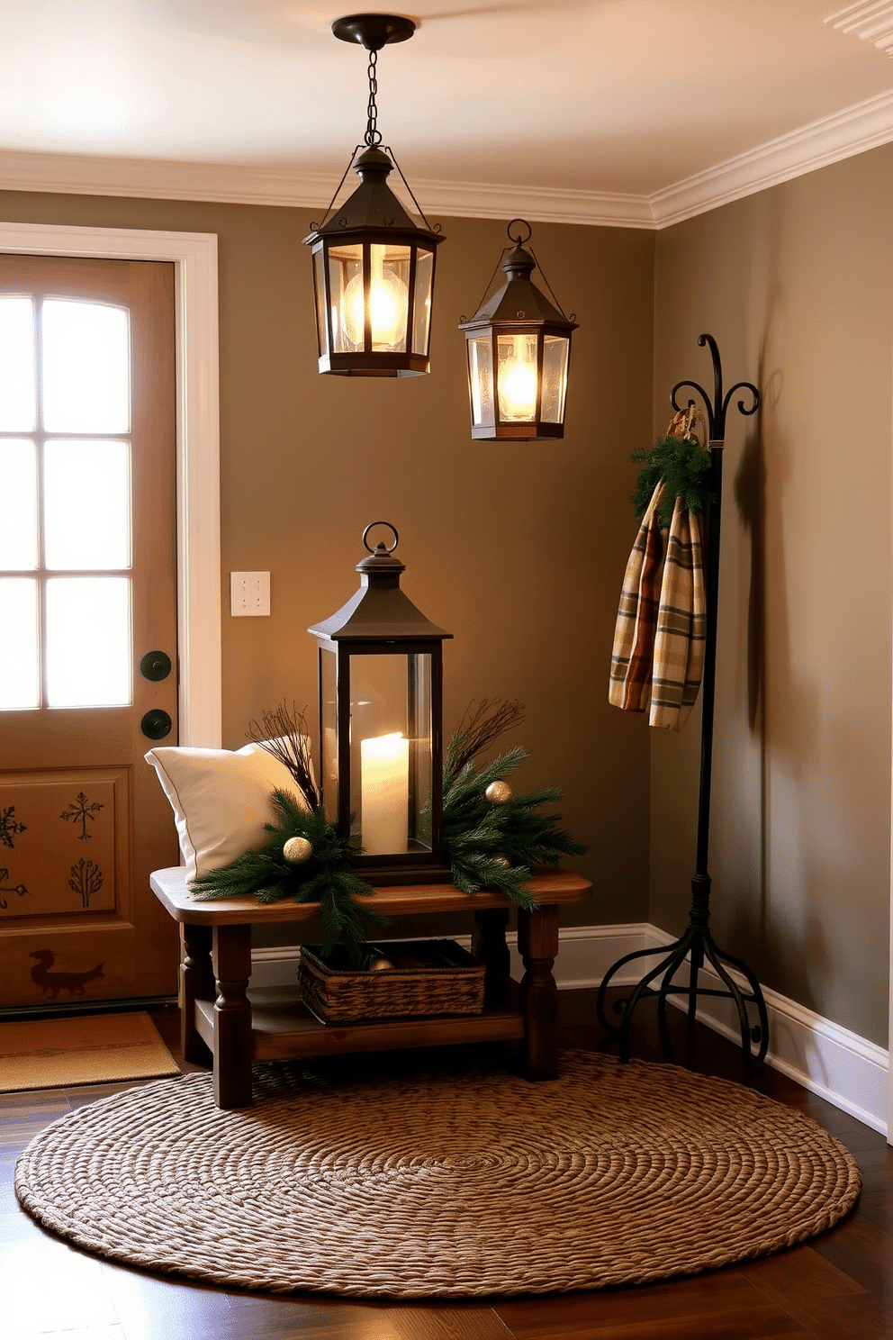 Charming lanterns hang from the ceiling, casting a warm glow over the entryway. The space is adorned with a rustic wooden bench and a cozy woven rug, inviting guests to step inside. Decorative pine branches and seasonal ornaments are elegantly arranged around the lanterns. A vintage coat rack stands against the wall, providing a functional yet stylish touch to the winter decor.