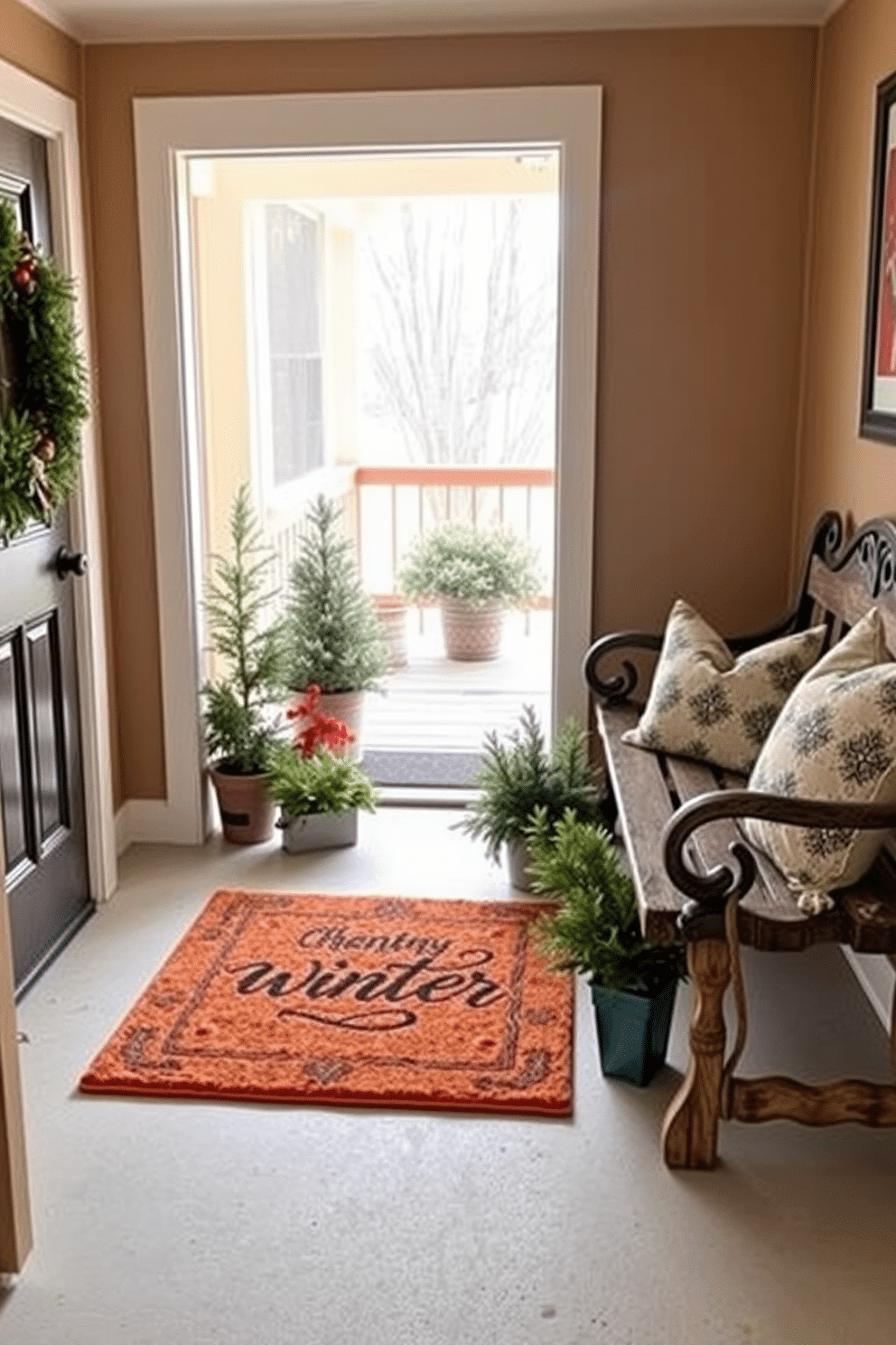 A cozy entryway features a welcoming doormat adorned with a cheerful winter message. Surrounding the mat, a collection of potted evergreen plants adds a touch of greenery against the backdrop of a softly lit porch. The walls of the entryway are painted in a warm neutral tone, creating an inviting atmosphere. A rustic bench sits nearby, topped with a few decorative pillows in seasonal colors, enhancing the winter theme.