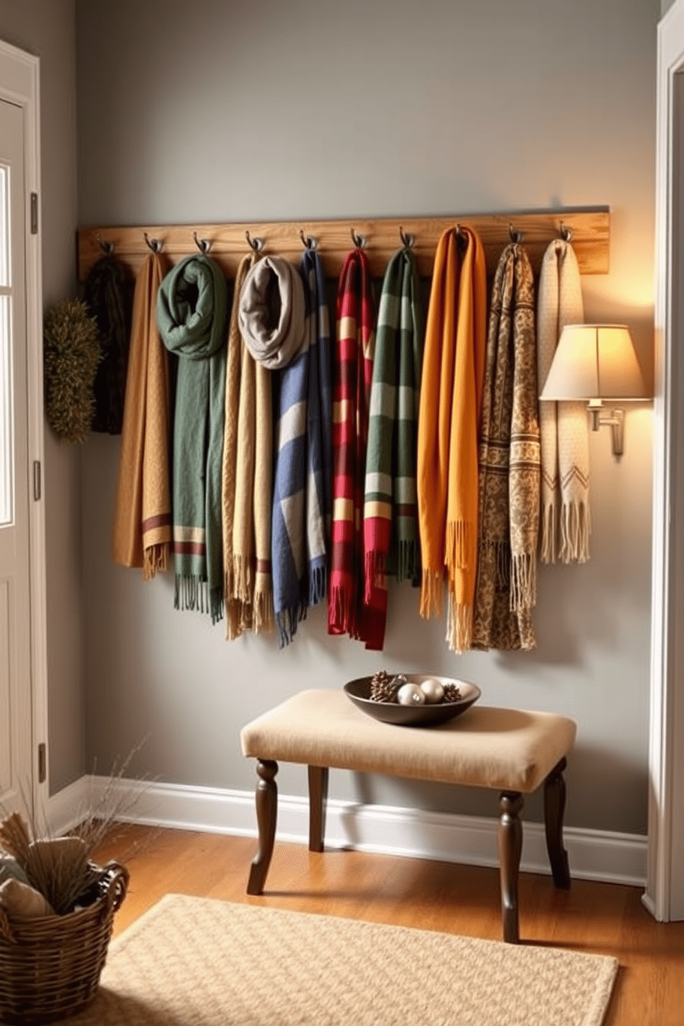 A cozy winter entryway filled with colorful scarves draped elegantly on a wooden coat rack. The walls are painted in a soft gray, and a warm, inviting rug lies beneath a small bench by the door. A decorative bowl filled with pine cones and seasonal ornaments sits atop the bench. Soft, ambient lighting from a nearby lamp creates a welcoming atmosphere, enhancing the vibrant hues of the scarves.