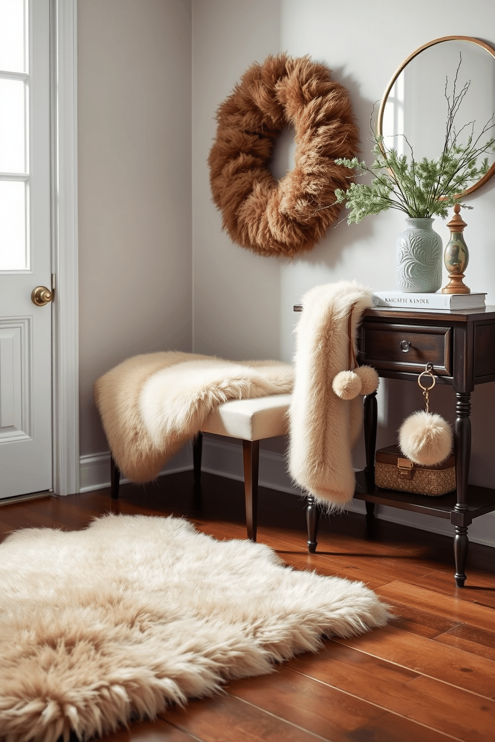 A winter entryway adorned with faux fur accents creates a warm and inviting atmosphere. A plush faux fur rug lies at the entrance, complemented by a cozy faux fur throw draped over a stylish bench. The walls are painted in a soft, neutral tone, enhancing the serene ambiance. A decorative console table displays a vase filled with winter greenery, while a faux fur pom-pom keychain hangs from the table's drawer.