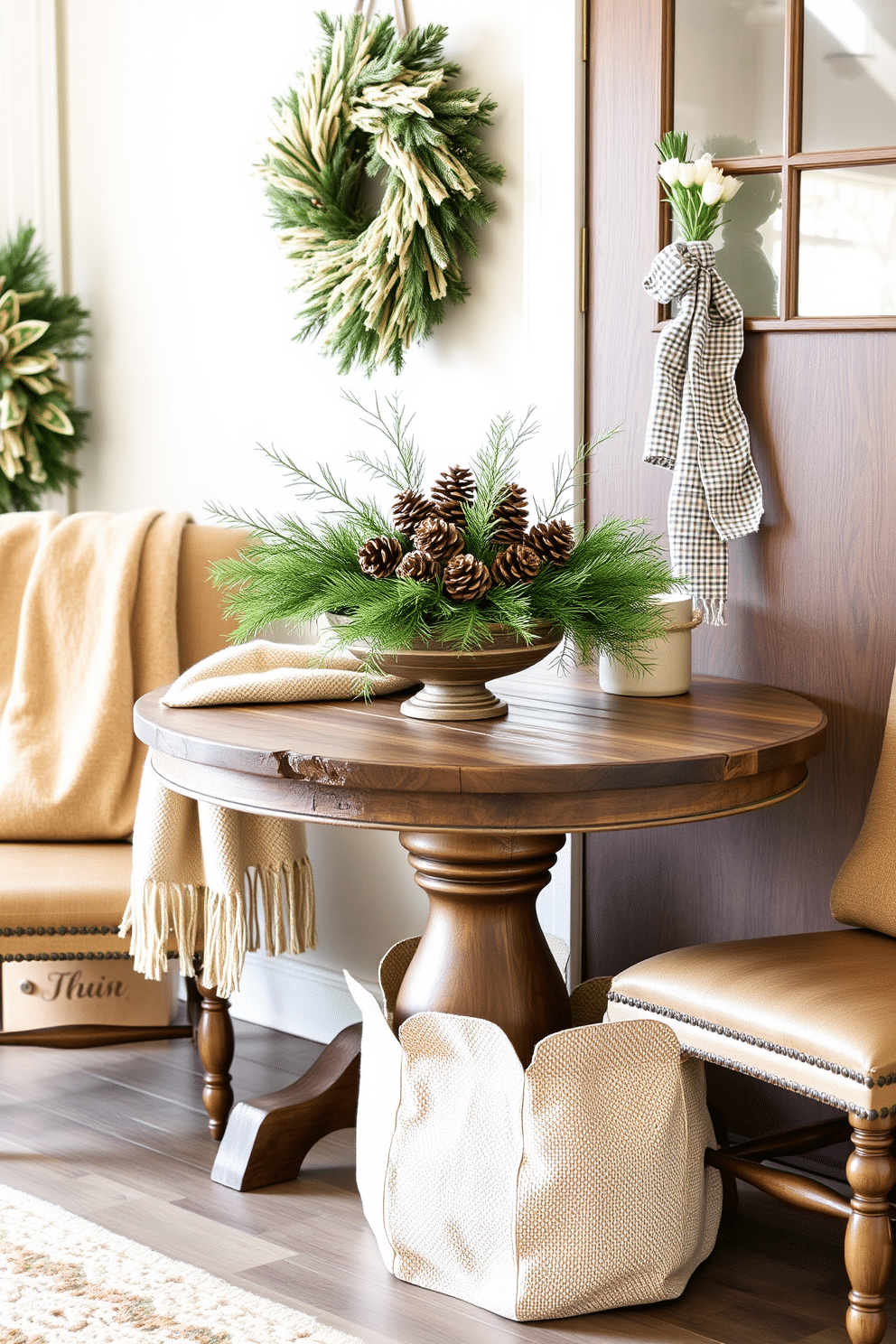 A cozy winter entryway features a rustic wooden table adorned with a beautiful pinecone and evergreen centerpiece. The table is flanked by a pair of inviting chairs, and a warm throw blanket drapes over one for added comfort.