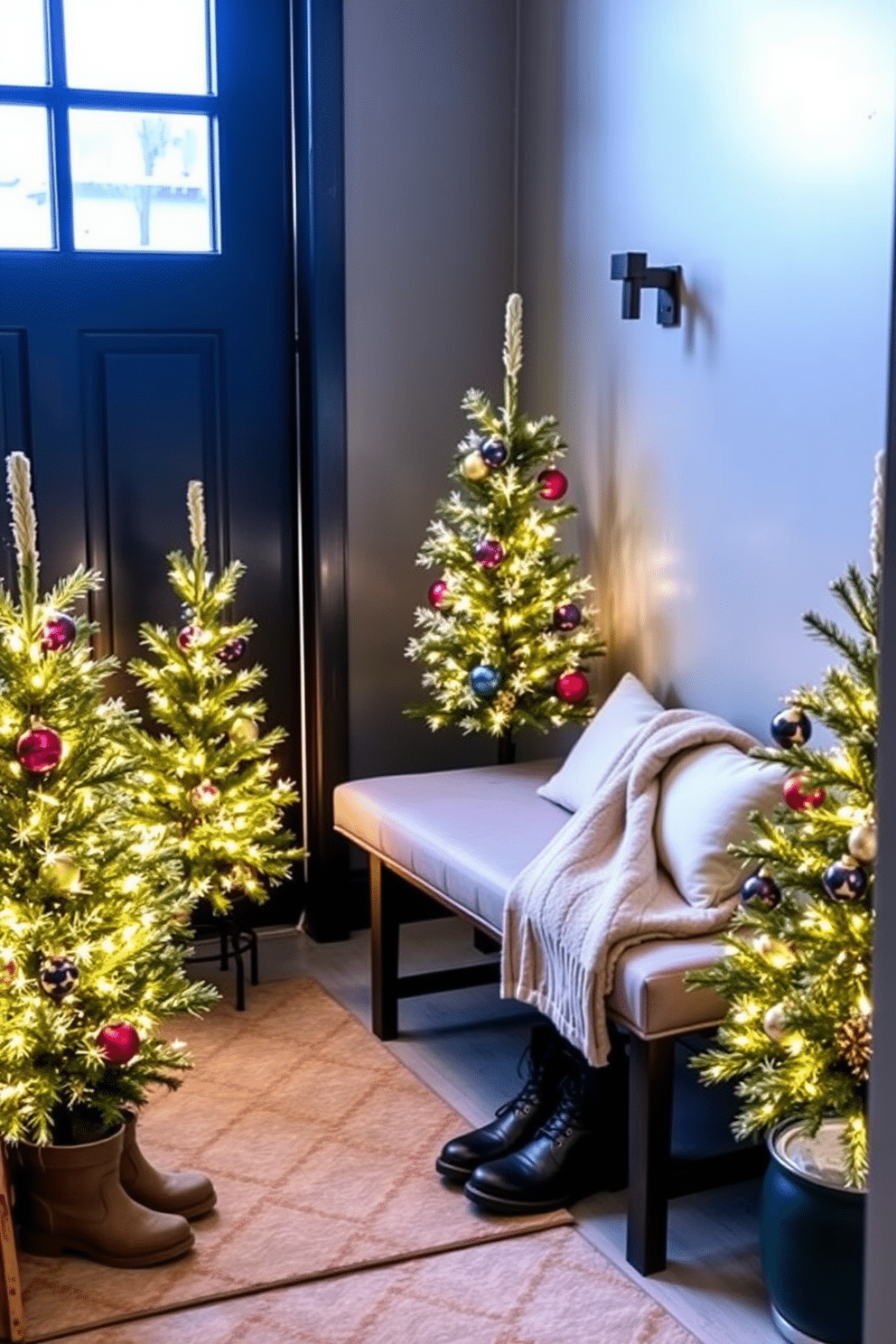 Miniature Christmas trees are placed in the entry corners creating a festive atmosphere. Each tree is adorned with twinkling white lights and colorful ornaments, enhancing the holiday spirit. The entryway features a cozy bench with plush cushions, inviting guests to sit and remove their winter boots. A warm throw blanket is draped over the bench, adding a touch of comfort and style.