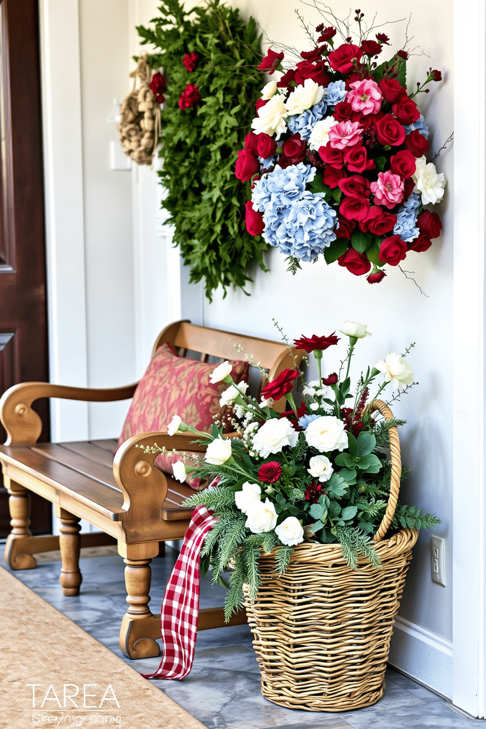 A cozy winter entryway adorned with fresh flowers in hues of deep red, icy blue, and soft white. A rustic wooden bench sits against the wall, complemented by a woven basket filled with seasonal greenery and blooms.