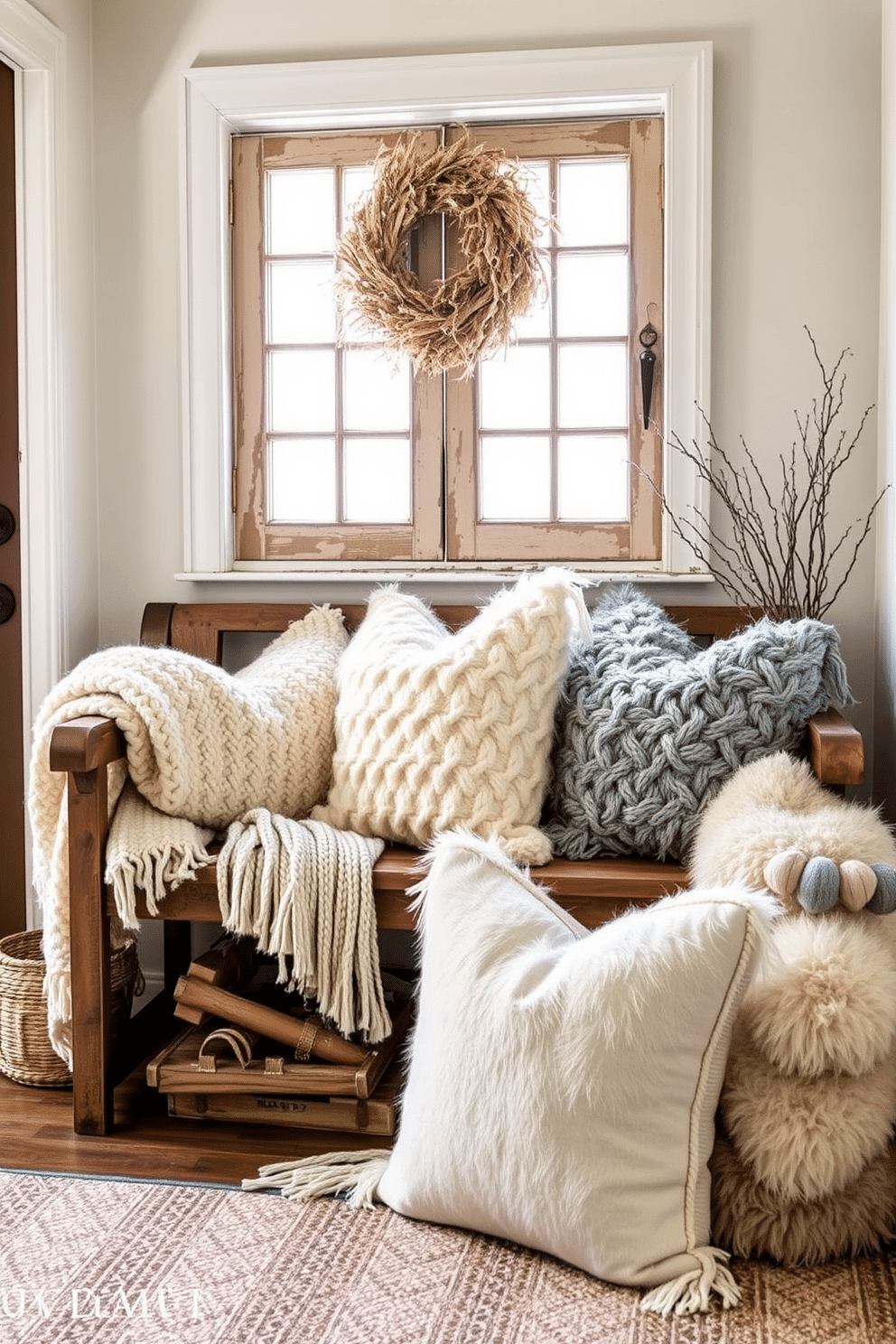 Layered textures create a warm and inviting winter entryway. Soft, chunky knit blankets are draped over a rustic bench, while an array of plush pillows in varying shades of cream and gray are arranged for comfort.