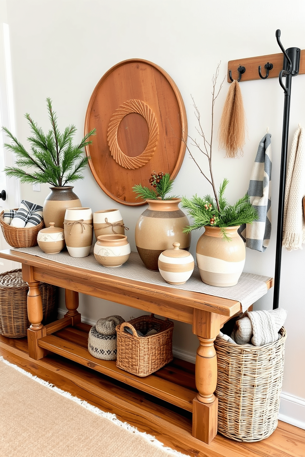 Artisan pottery adds a unique touch to the winter entryway, creating a warm and inviting atmosphere. Display various handcrafted pieces on a rustic wooden console table, complemented by a soft wool runner underneath. Incorporate seasonal greenery such as pine branches and holly in the pottery for a festive touch. Add cozy elements like a woven basket filled with blankets and a stylish coat rack to enhance the welcoming vibe.