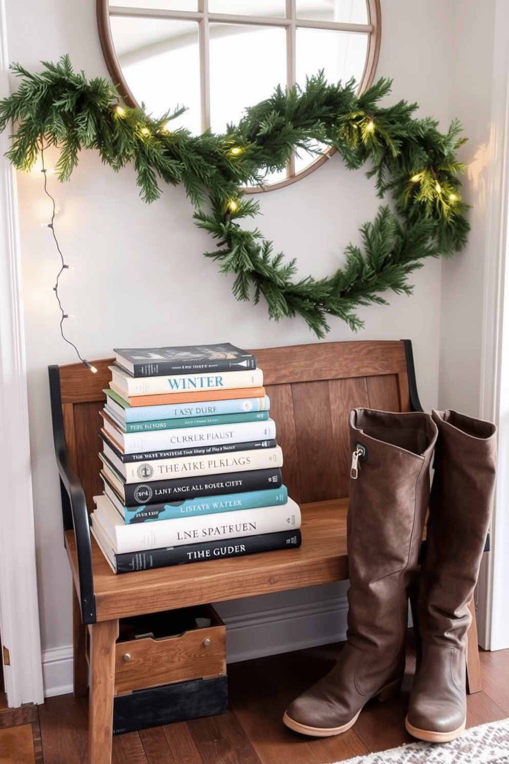 A cozy winter entryway features a collection of beautifully stacked books that showcase winter themes and colors. The books are arranged on a rustic wooden bench, creating an inviting focal point for guests as they enter the home. To enhance the winter ambiance, a decorative garland of evergreen branches drapes over the bench, complemented by twinkling fairy lights. A pair of stylish winter boots are placed next to the bench, adding a practical yet chic element to the decor.