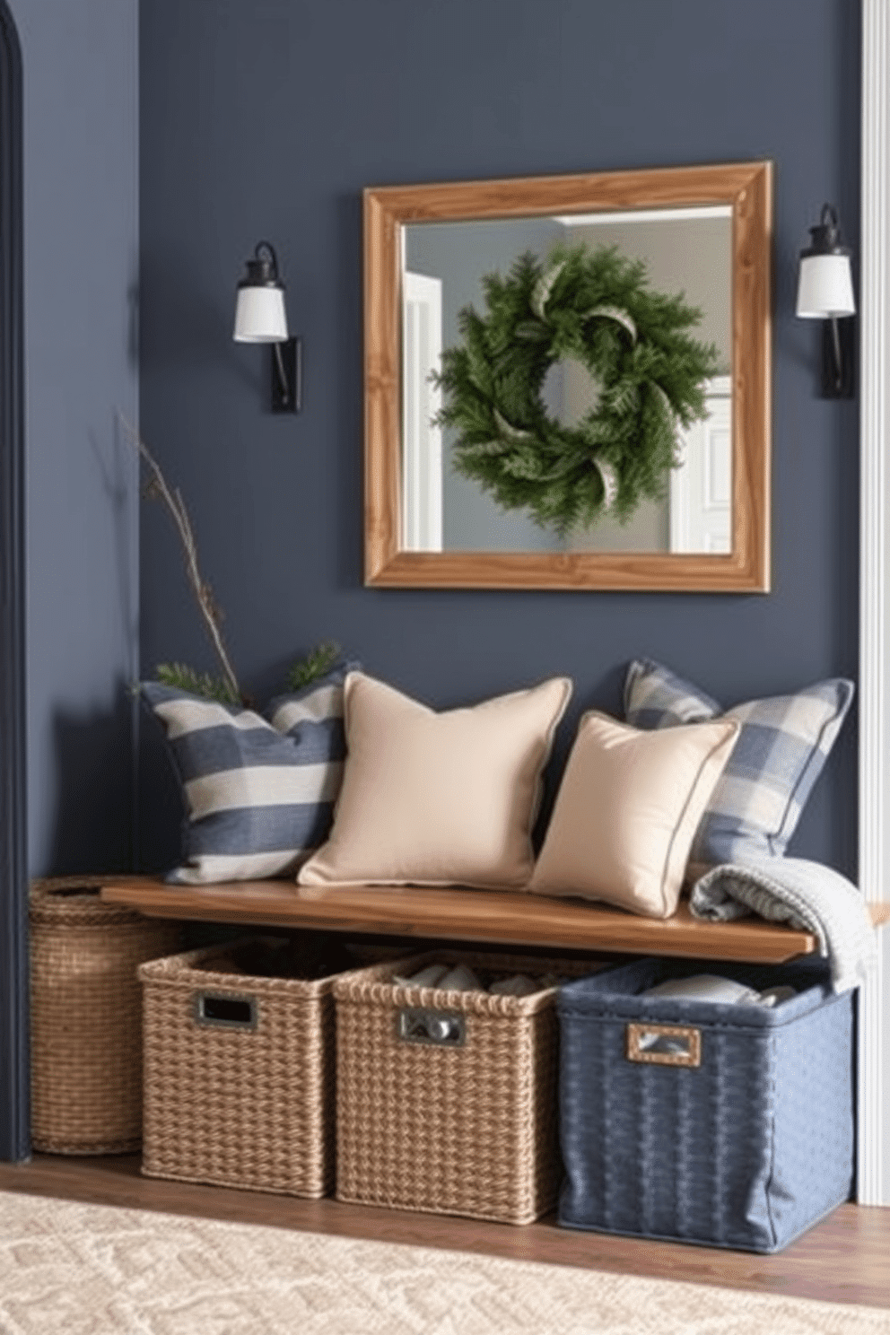 Chic storage baskets are arranged neatly against the wall, providing a stylish solution for organizing shoes and other items. The entryway features a cozy bench with soft cushions, complemented by a warm color palette of deep blues and earthy tones. Decorative touches include seasonal accents like pinecones and evergreen branches, enhancing the winter theme. A large mirror hangs above the bench, reflecting the inviting atmosphere of the space.